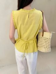 VGU0225-Set áo vàng cổ và tay nhúng bèo, quần dài Kem (kèm dây cột eo)