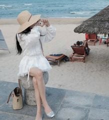 VGU0240-Đầm cổ sơ mi nhúng bèo,tùng xòe phối ren Trắng