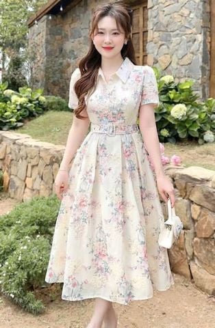 KS5103-Đầm kate thêu tùng xếp ly phối nút kèm đai CC