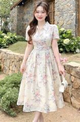 KS5103-Đầm kate thêu tùng xếp ly phối nút kèm đai CC