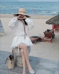 VGU0240-Đầm cổ sơ mi nhúng bèo,tùng xòe phối ren Trắng