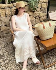 VGU0237 Set áo sát nách viền bèo, cv ren thêu Trắng