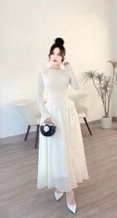 SKY8152-Đầm tay dài phối tùng đính hoa Kem