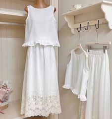 VGU0237 Set áo sát nách viền bèo, cv ren thêu Trắng