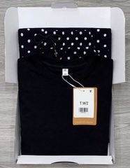 KS0714-Set áo thun đen, quần linen gân chấm bi Đen