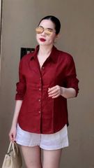 TQ4230-Set linen, áo sơ mi đỏ+quần short Trắng