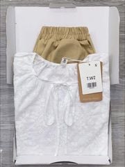 KS0709-Set áo kate thêu hoa trắng, quần short kaki Nâu