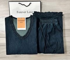 VGU0249-Set jean, áo cổ tim viền bèo+quần suông CC