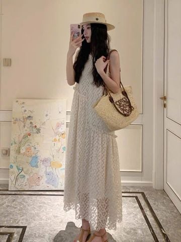 KS0705-Đầm suông phối lưới thêu Kem