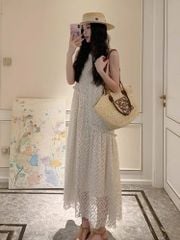 KS0705-Đầm suông phối lưới thêu Kem