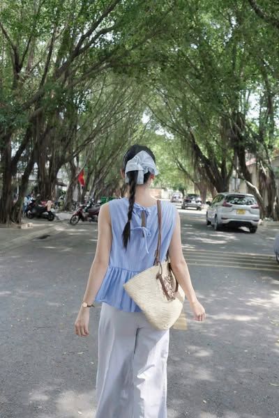 KS0678-Set áo babydoll cột nơ sau lưng, quần dài sọc