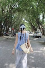 KS0678-Set áo babydoll cột nơ sau lưng, quần dài sọc