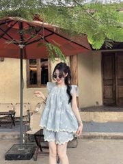TQ1795-Set áo tay cánh tiên, quần short thêu hoa sọc Xanh