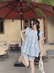 TQ1795-Set áo tay cánh tiên, quần short thêu hoa sọc Xanh