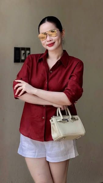 TQ4230-Set linen, áo sơ mi đỏ+quần short Trắng