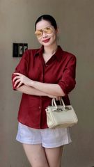 TQ4230-Set linen, áo sơ mi đỏ+quần short Trắng