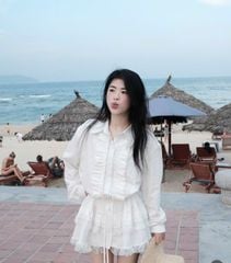 VGU0240-Đầm cổ sơ mi nhúng bèo,tùng xòe phối ren Trắng