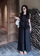 TQ4247-Set áo phối bèo tầng, quần dài Đen