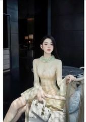 VGU0235 ĐẦM REN XANH TK TAY LOE CAO CẤP