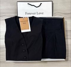 VGU0253-Set áo gile kiểu, CV dài xếp ly Đen