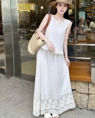 VGU0237 Set áo sát nách viền bèo, cv ren thêu Trắng