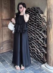 TQ4247-Set áo phối bèo tầng, quần dài Đen