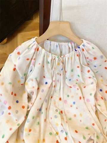 KS0724-Áo cổ tròn tay dài họa tiết Kem