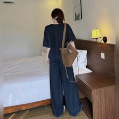 VGU0249-Set jean, áo cổ tim viền bèo+quần suông CC