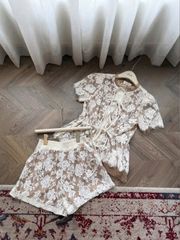 VRA0604-Set ren hoa CC, áo cột nơ+quần short