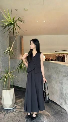 VGU0253-Set áo gile kiểu, CV dài xếp ly Đen