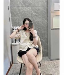 KS0739-Set áo kate thêu phối ren tròn, quần short Đen