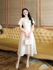 KS5111-Đầm xòe đính nơ Kem
