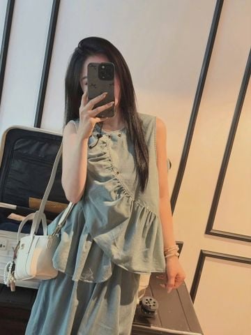 VGU0231-Set áo kiểu sát nách, quần jean CC Xanh Đậm