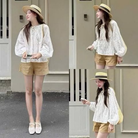 KS0709-Set áo kate thêu hoa trắng, quần short kaki Nâu