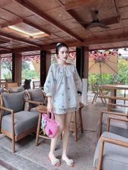 TQ4235-Set áo kiểu tay lỡ, quần short thêu hoa Trắng
