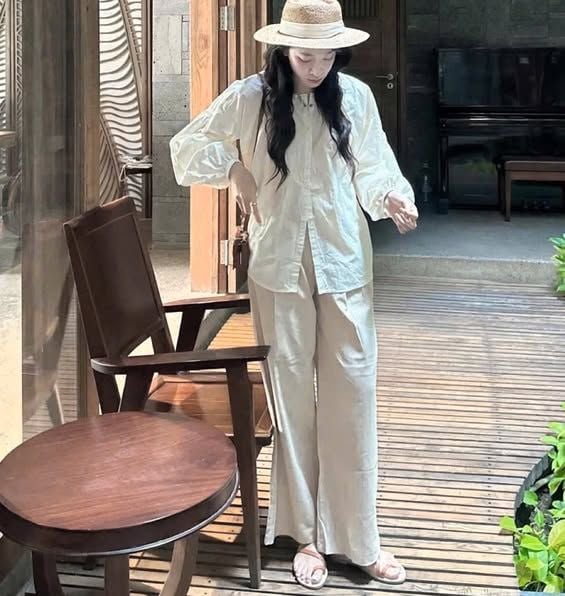 VGU0258-Set áo trắng li cổ, quần dài Kem