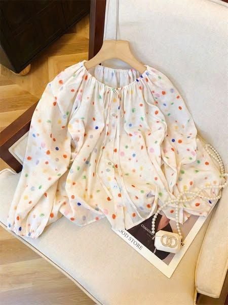 KS0724-Áo cổ tròn tay dài họa tiết Kem