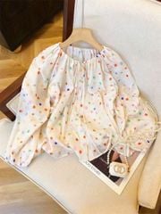 KS0724-Áo cổ tròn tay dài họa tiết Kem