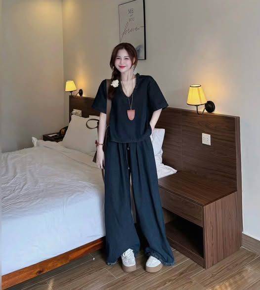 VGU0249-Set jean, áo cổ tim viền bèo+quần suông CC