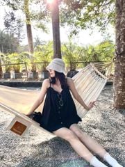 VGU0270-Set áo 2dây cổ nhúng bèo, quần short Đen