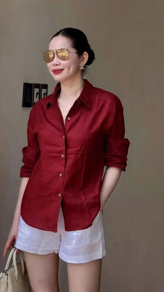 TQ4230-Set linen, áo sơ mi đỏ+quần short Trắng