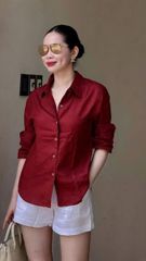 TQ4230-Set linen, áo sơ mi đỏ+quần short Trắng