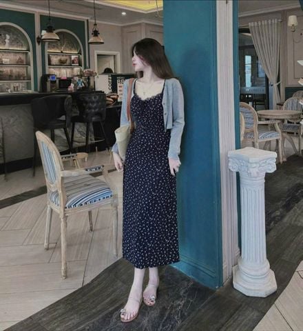 TB8259-Set váy thun 2 dây hoa nhí+áo khoác