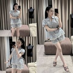 TB5730-Set kate sọc thêu hoa, áo sơ mi cổ V+quần short viền lazer