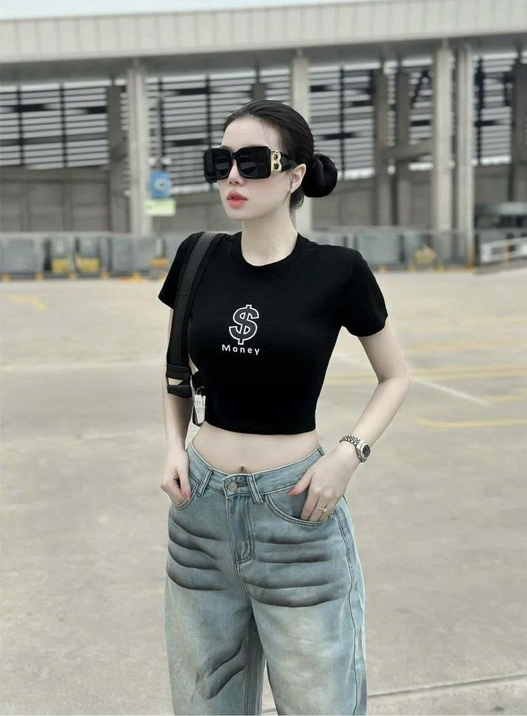 TQ4243-Áo thun croptop in chữ  Vàng Bơ (áo lẻ)