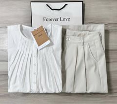 VGU0258-Set áo trắng li cổ, quần dài Kem