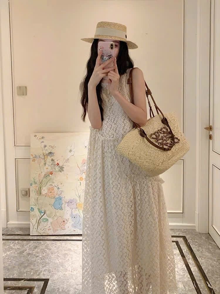 KS0705-Đầm suông phối lưới thêu Kem