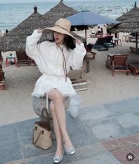 VGU0240-Đầm cổ sơ mi nhúng bèo,tùng xòe phối ren Trắng