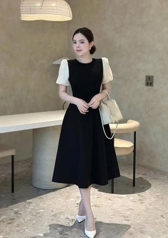 TQ4255-Đầm xòe phối tay Đen
