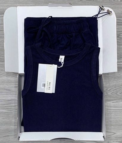 KS0653-Set áo thun 3 lỗ, quần dài ống có dây rút Xanh Đen
